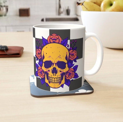 Ceramic Mug 11oz Gift Boxed Funky Skull and Roses On Checkerboard Gothic Decor - Oh My Gothness