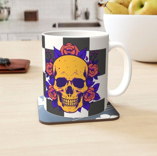 Ceramic Mug 11oz Gift Boxed Funky Skull and Roses On Checkerboard Gothic Decor - Oh My Gothness