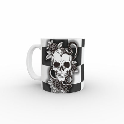 Ceramic Mug 11oz Gift Boxed Funky Skull, Snakes and Roses on Checkerboard Goth Fun Decor - Oh My Gothness