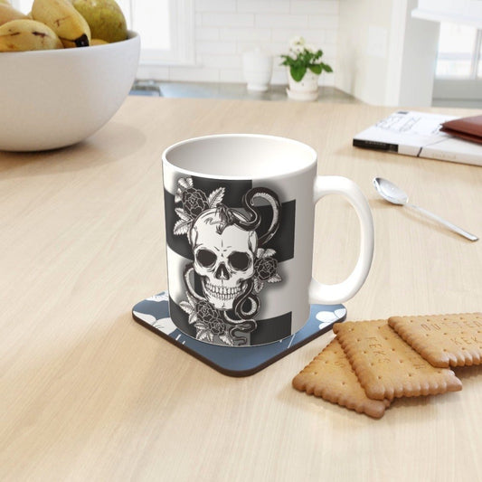 Ceramic Mug 11oz Gift Boxed Funky Skull, Snakes and Roses on Checkerboard Goth Fun Decor - Oh My Gothness