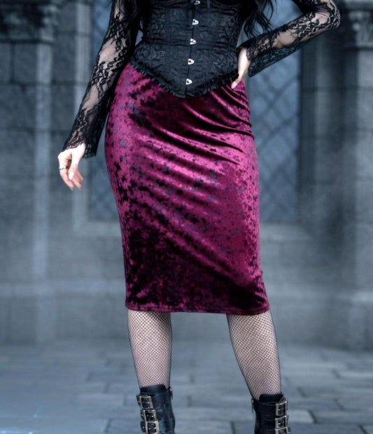 Cerise Purple Crushed Velvet Pencil Skirt - Gothic Witch Costume Size 6 - 10 (UK) - Oh My Gothness