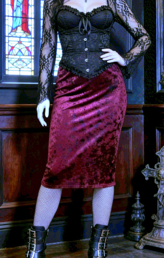 Cerise Purple Crushed Velvet Pencil Skirt - Gothic Witch Costume Size 8 - 12 (UK) - Oh My Gothness