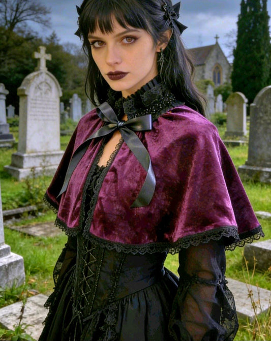 Cerise Purple Velvet Cape With Black Lace - Victorian Steampunk Gothic Costume - Oh My Gothness