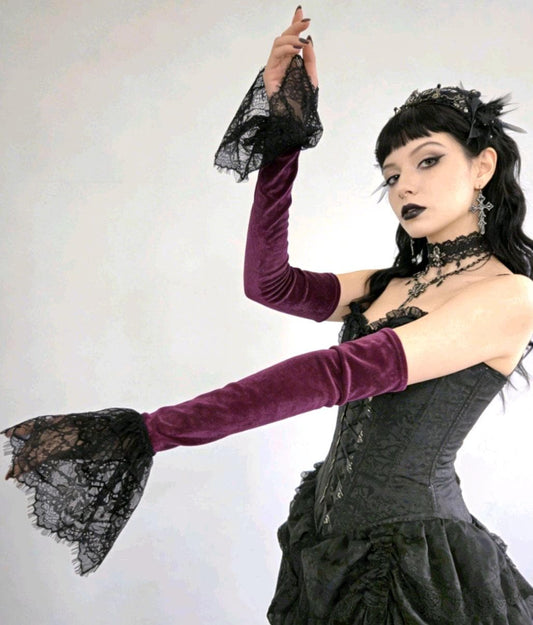 Cerise Purple Velvet Long Arm Warmers Black Lace, Gothic Victorian Sleeves Opera Gloves - Oh My Gothness