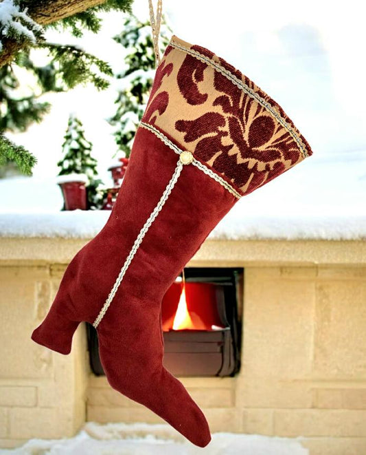 Christmas Stocking Stiletto High Heel Boot Xmas Burgundy Red Velvet & Gold Brocade Braid Happy Holidays Decor Gift SK1 - Oh My Gothness