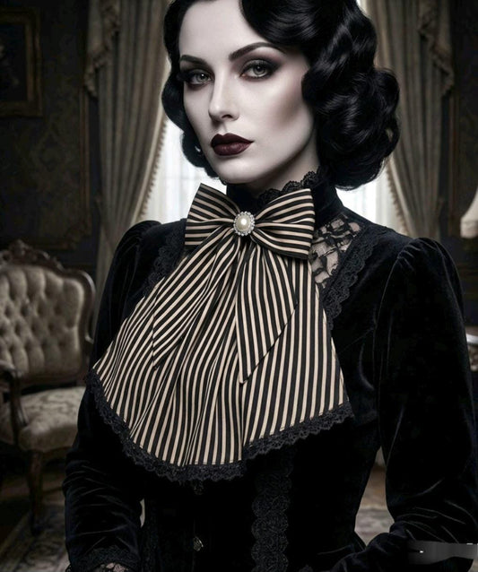 Cream Black Stripe Lace Jabot Cravat With Bow: Victorian Steampunk Costume Unisex - Oh My Gothness