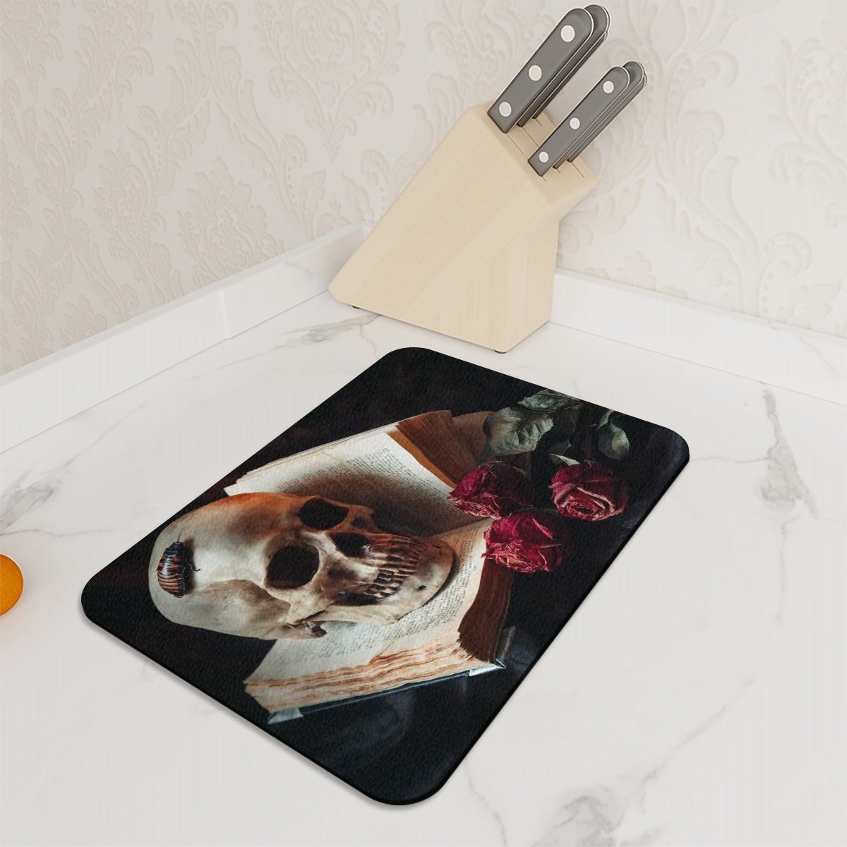 Creepy Skull, Old Book, Bug, and Roses Tempered Glass Heatproof Chopping/Cutting Board, Worktop Saver. - Oh My Gothness