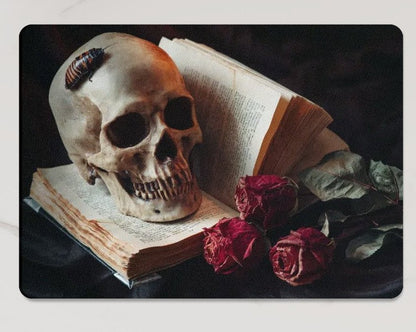 Creepy Skull, Old Book, Bug, and Roses Tempered Glass Heatproof Chopping/Cutting Board, Worktop Saver. - Oh My Gothness