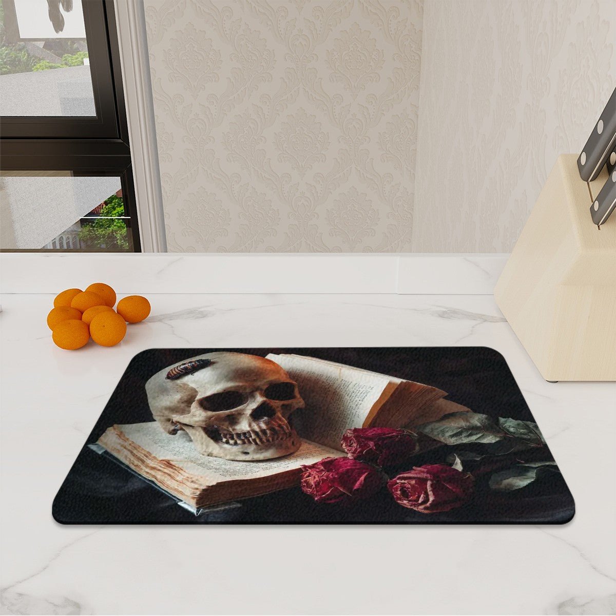 Creepy Skull, Old Book, Bug, and Roses Tempered Glass Heatproof Chopping/Cutting Board, Worktop Saver. - Oh My Gothness