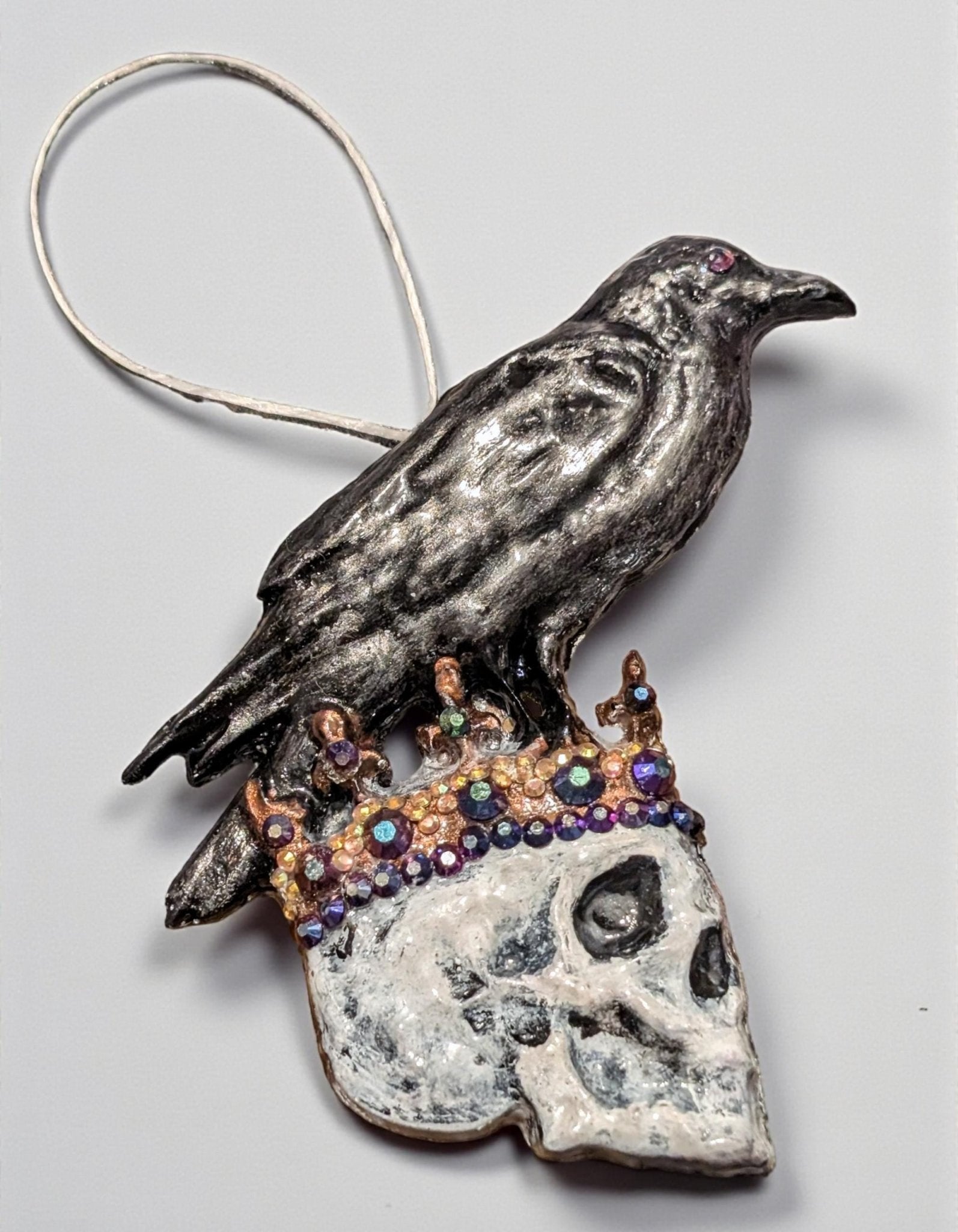 Crowned Skull Christmas Ornament, Raven and Iridescent Gems - Oh My Gothness