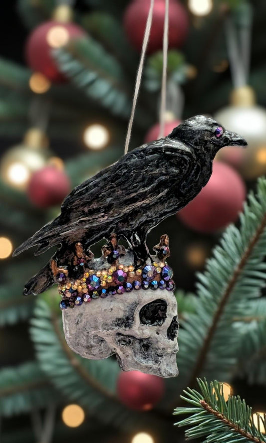 Crowned Skull Christmas Ornament, Raven and Iridescent Gems - Oh My Gothness