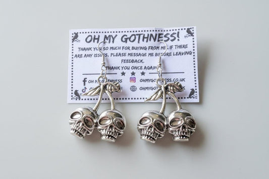 Customer order Handmade Cherry Skull Dangle Earrings, Silver Tone Metal, Gothic Punk Jewelry - Oh My Gothness