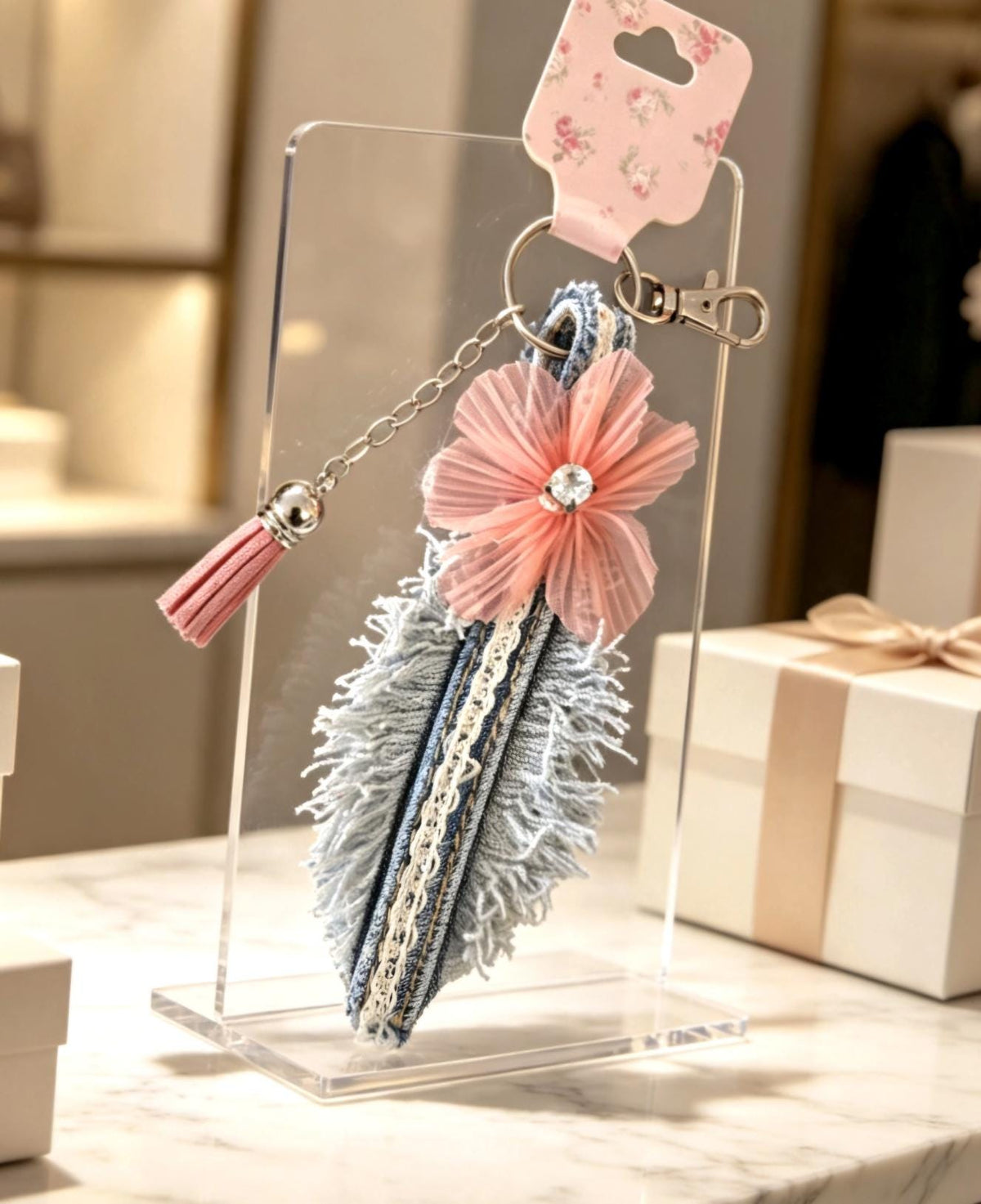Cute Denim Leaf Keyring Key Chain Pink Flower & Tassel - Pretty Gift - Oh My Gothness