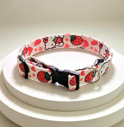Cute Kitty Hearts Strawberries Cat Dog Collar - Medium - Pink White Red - Oh My Gothness