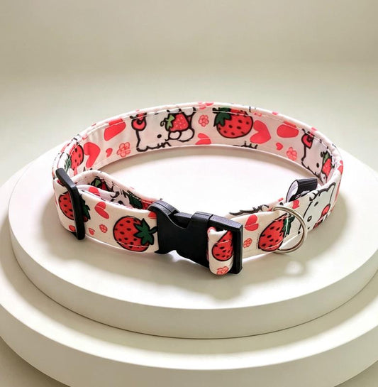 Cute Kitty Hearts Strawberries Cat Dog Collar - Medium - Pink White Red - Oh My Gothness