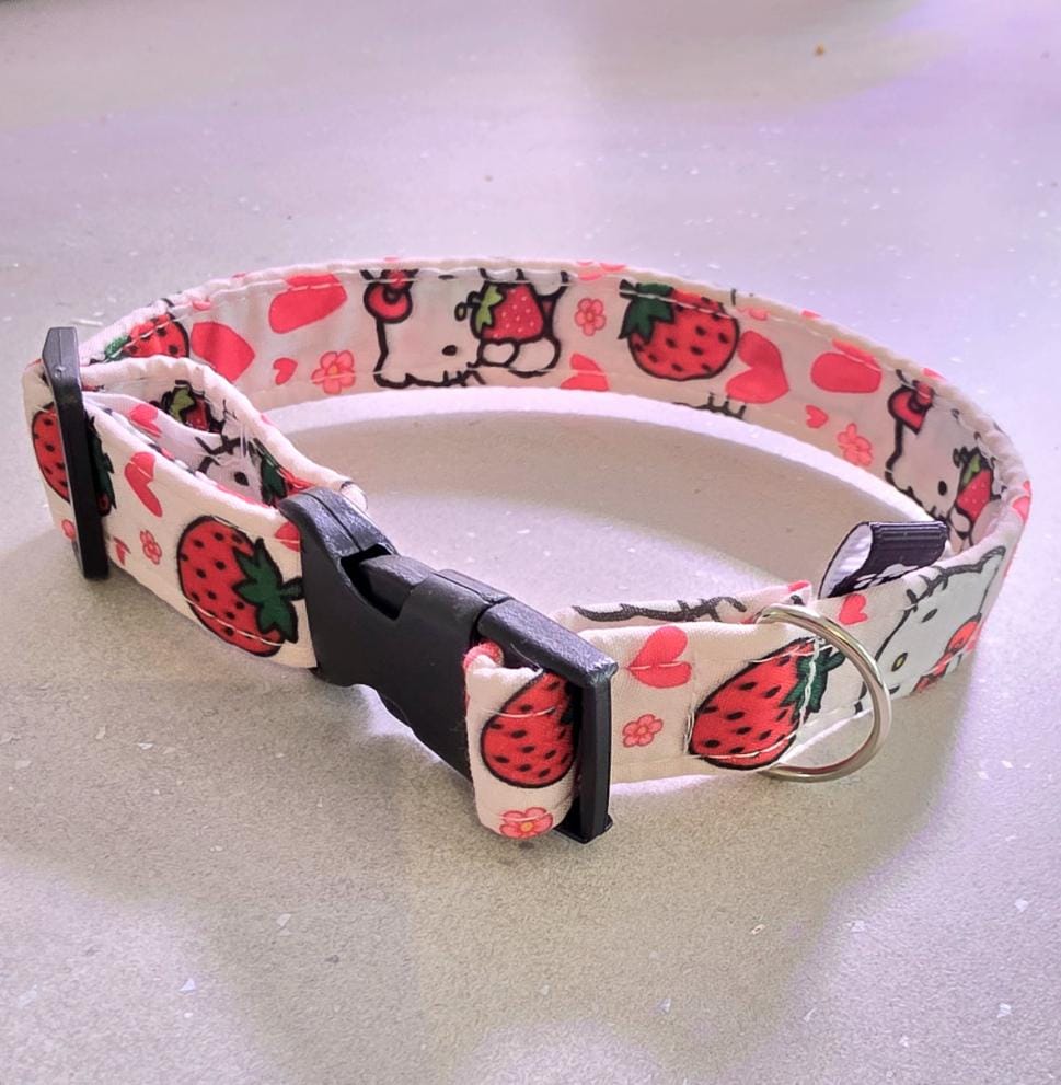 Cute Kitty Hearts Strawberries Cat Dog Collar - Medium - Pink White Red - Oh My Gothness