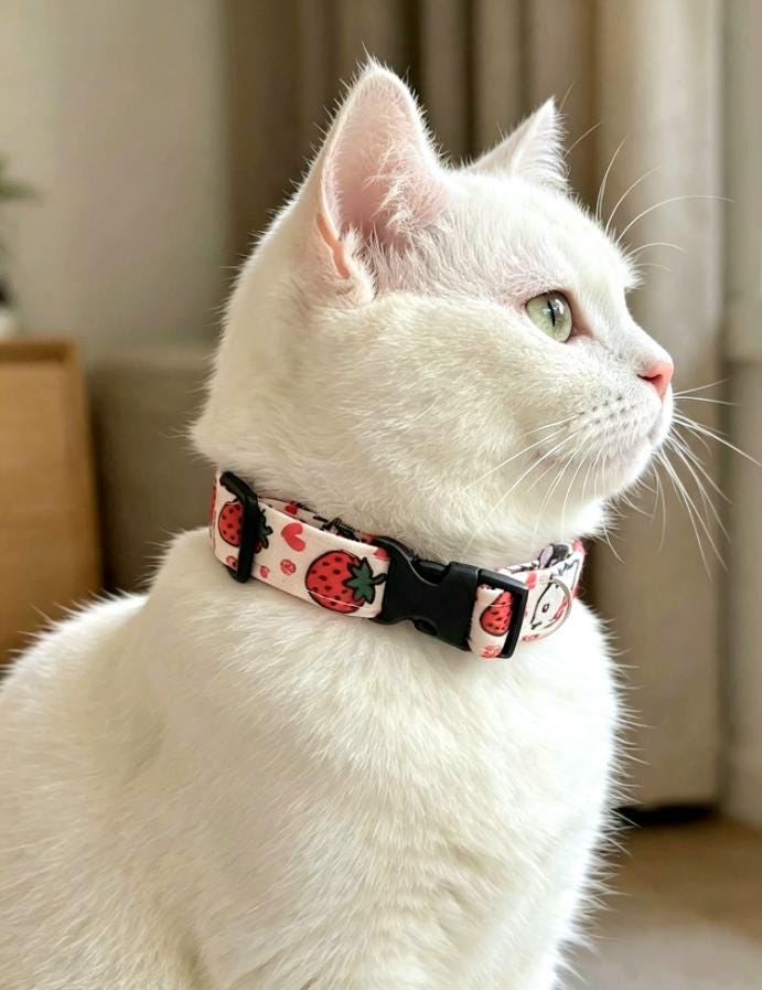 Cute Kitty Hearts Strawberries Cat Dog Collar - Medium - Pink White Red - Oh My Gothness