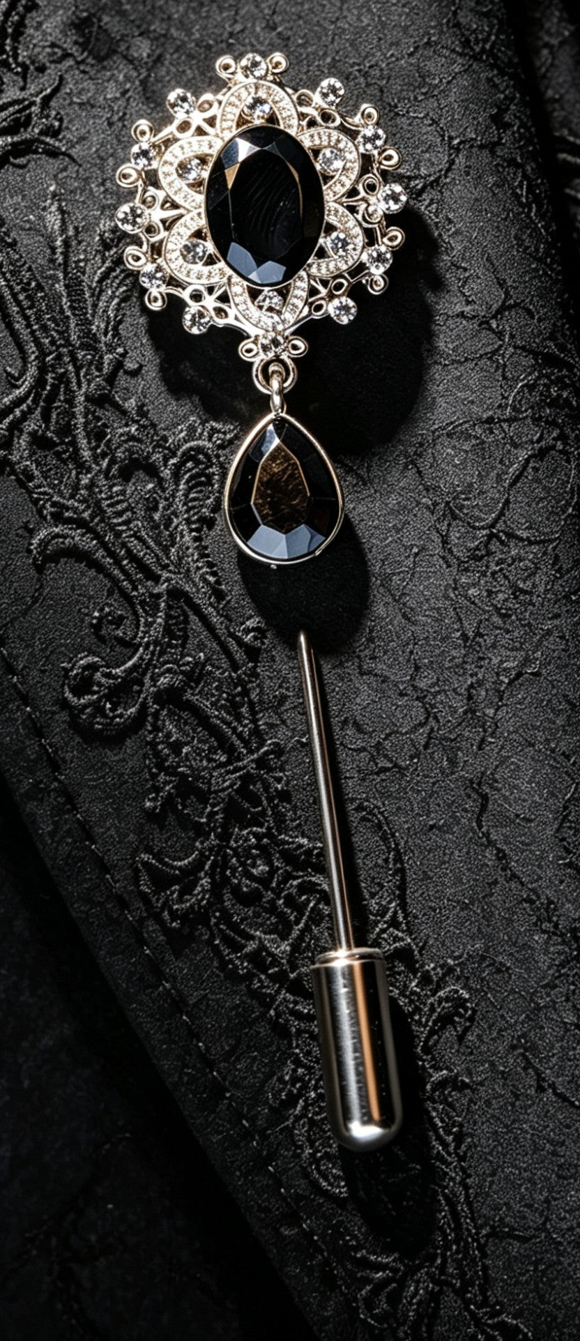 Decorative black and silver tone metal lapel pin with diamante detailing. - Oh My Gothness