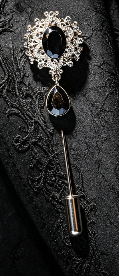 Decorative black and silver tone metal lapel pin with diamante detailing. - Oh My Gothness