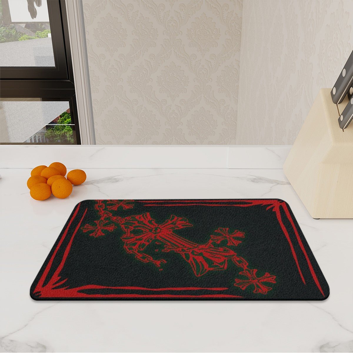 Decorative Red Crucifix on Black Tempered Glass Chopping Board. Gothic Kitchenware - Oh My Gothness