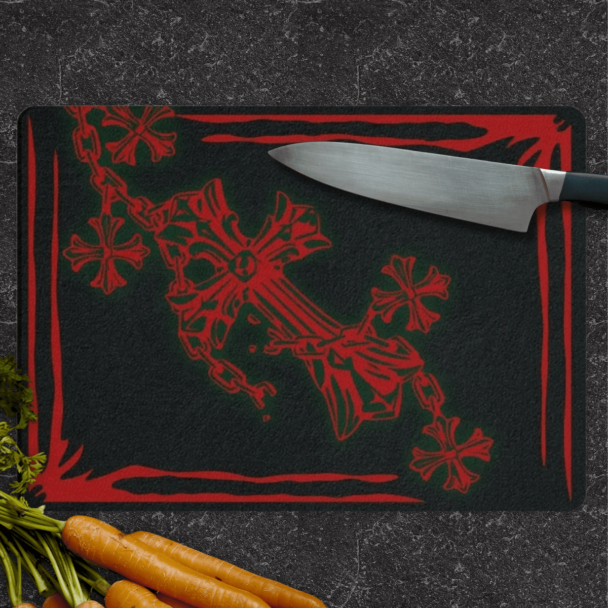 Decorative Red Crucifix on Black Tempered Glass Chopping Board. Gothic Kitchenware - Oh My Gothness