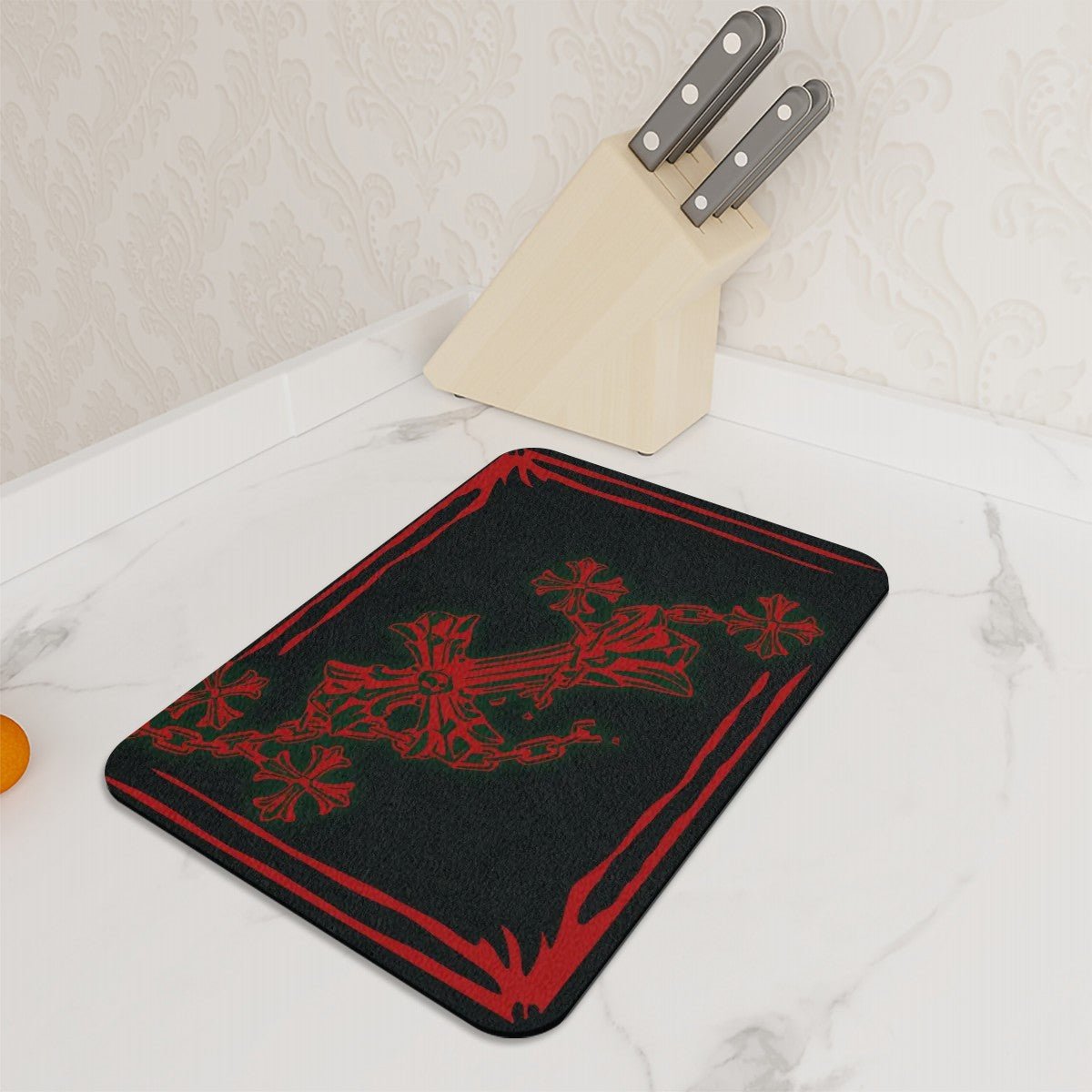 Decorative Red Crucifix on Black Tempered Glass Chopping Board. Gothic Kitchenware - Oh My Gothness