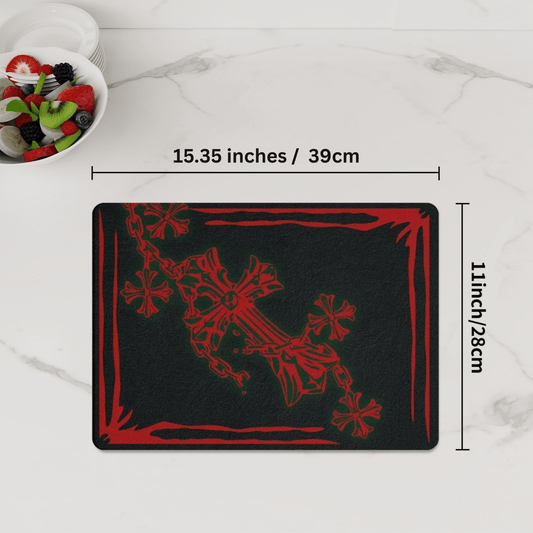 Decorative Red Crucifix on Black Tempered Glass Chopping Board. Gothic Kitchenware - Oh My Gothness