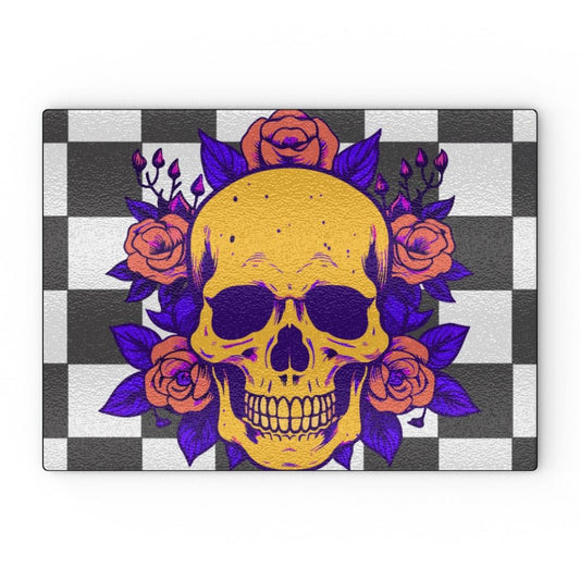 Funky Skull and Roses on a check board Glass Chopping Board - Oh My Gothness