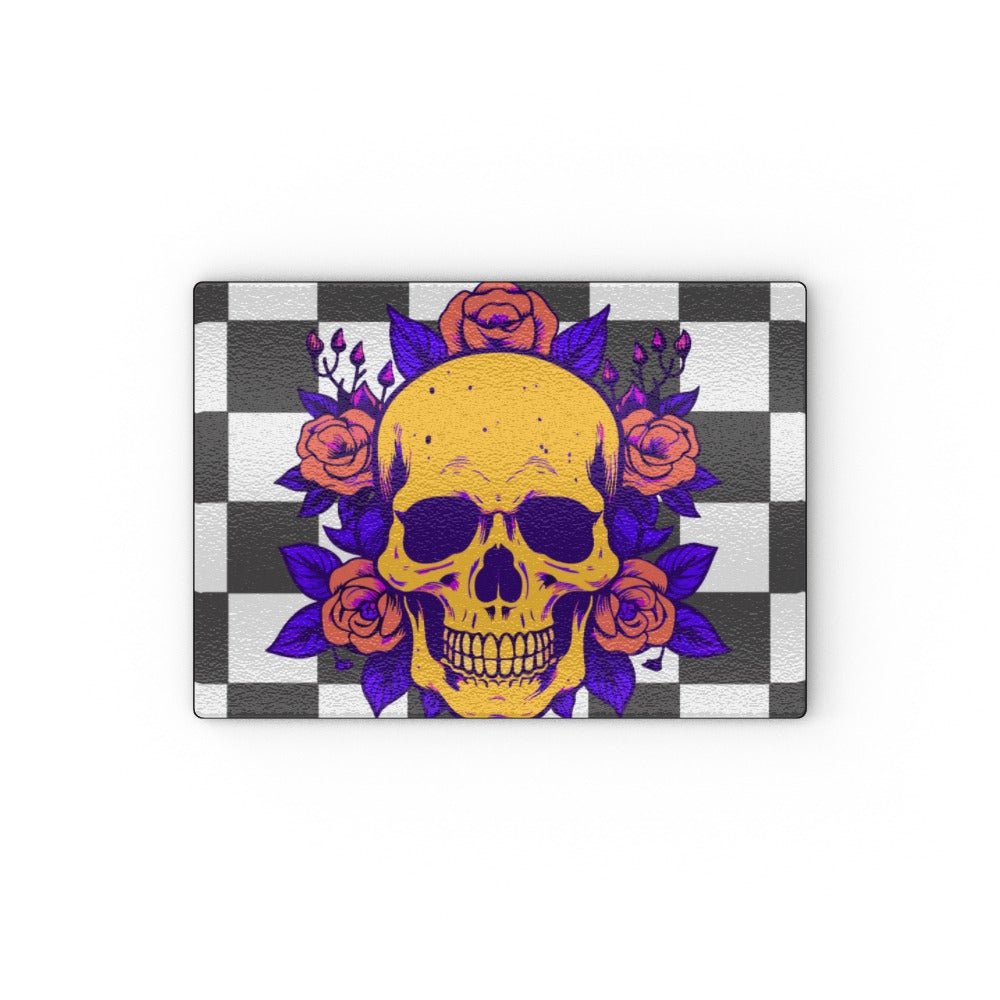 Funky Skull and Roses on a check board Glass Chopping Board - Oh My Gothness