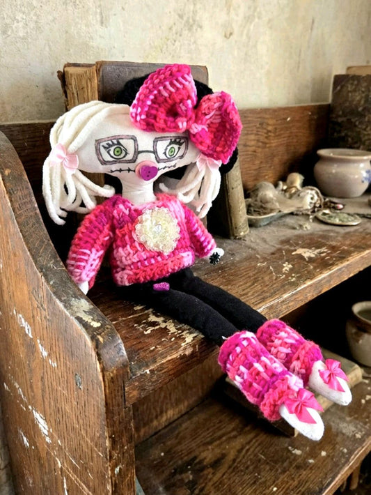 Gothic Art Doll: 36cm Handmade Creepy Ragdoll, Pink Black, Removable Clothes, Boxed - Oh My Gothness