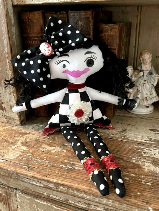 Gothic Art Doll: 36cm Handmade Creepy Ragdoll, Red Black Polka Dot, Boxed - Oh My Gothness