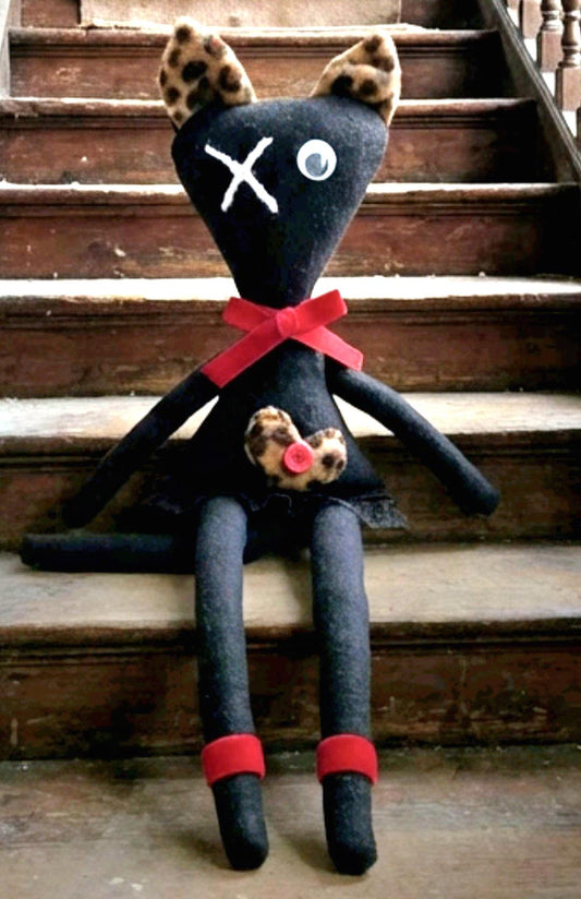 Gothic Art Doll Black Cat : 35cm Handmade Creepy Ragdoll, Leopard Heart, Boxed - Oh My Gothness