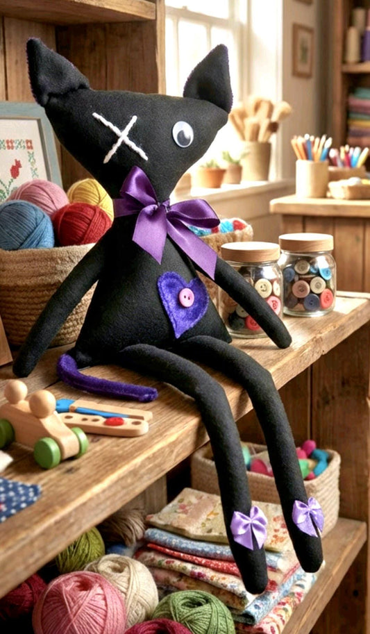 Gothic Art Doll Black Cat : 38cm Handmade Creepy Ragdoll, Purple Heart, Boxed - Oh My Gothness
