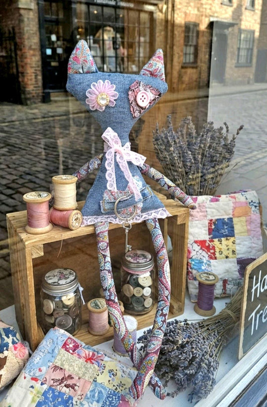 Gothic Art Doll Cat : 36cm Handmade Ragdoll, Liberty Print & Denim Scraps Pink Blue, Boxed - Oh My Gothness
