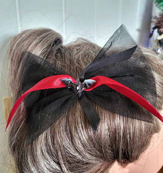 Gothic Bat Hair Bow - Black & Red Satin Ribbon, Handmade - Oh My Gothness