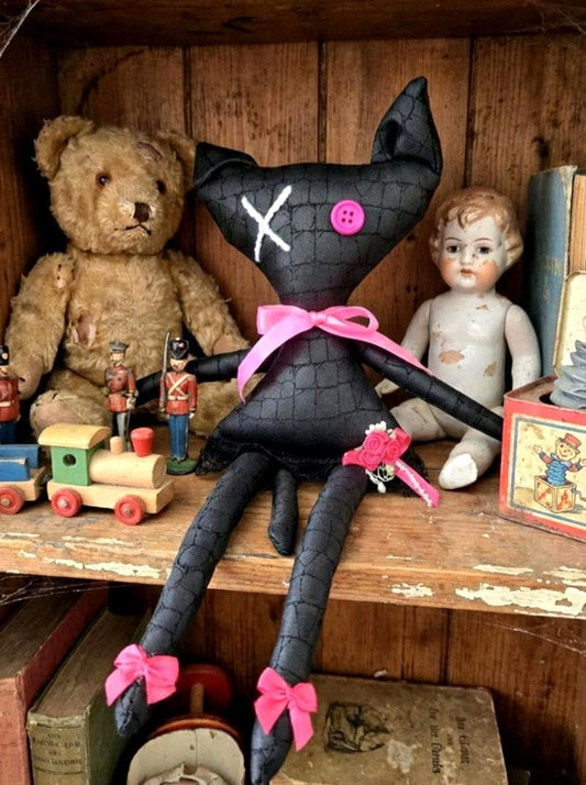 Gothic Black Cat Art Doll: 36cm Creepy Handmade Ragdoll - Oh My Gothness