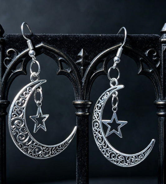 Gothic Hand Made Decorative Moon & Star Dangle Drop Earrings. - Oh My Gothness