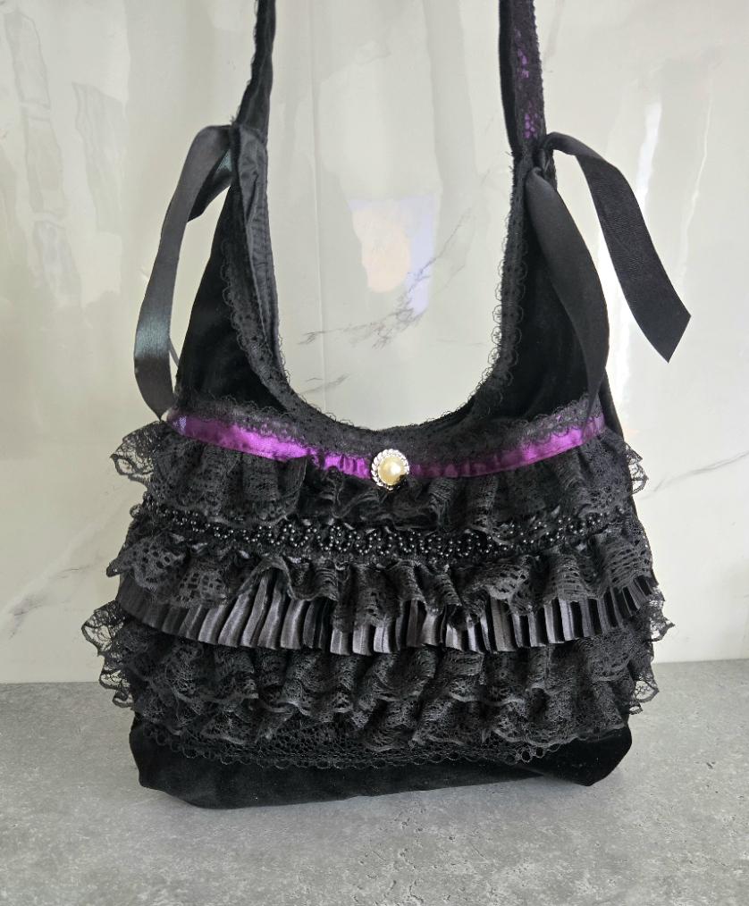 Gothic Lolita Kawaii Hand Bag Black Purple Velvet Satin Lace Cosplay Tea Party - Oh My Gothness