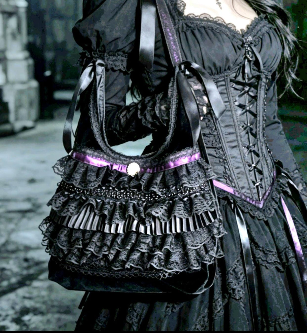 Gothic Lolita Kawaii Hand Bag Black Purple Velvet Satin Lace Cosplay Tea Party - Oh My Gothness