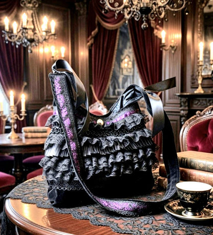 Gothic Lolita Kawaii Hand Bag Black Purple Velvet Satin Lace Cosplay Tea Party - Oh My Gothness