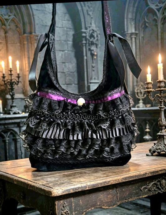 Gothic Lolita Kawaii Hand Bag Black Purple Velvet Satin Lace Cosplay Tea Party - Oh My Gothness
