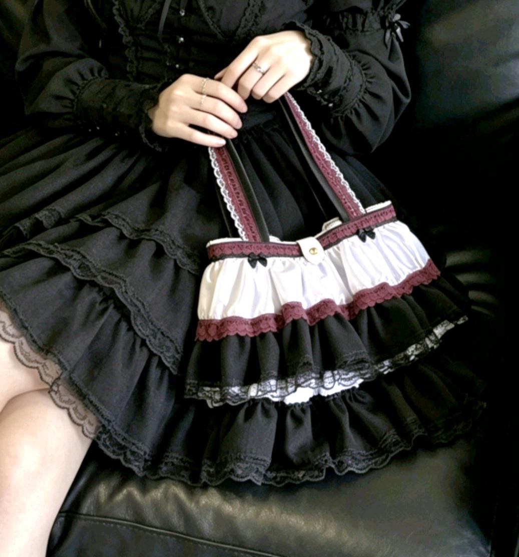 Gothic Lolita Kawaii Hand Bag Pink White Flowers Bows Black White Burgundy Satin Lace Cosplay Tea Party - Oh My Gothness