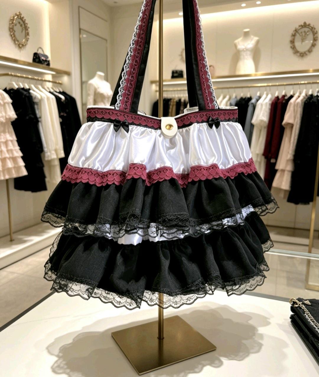 Gothic Lolita Kawaii Hand Bag Pink White Flowers Bows Black White Burgundy Satin Lace Cosplay Tea Party - Oh My Gothness