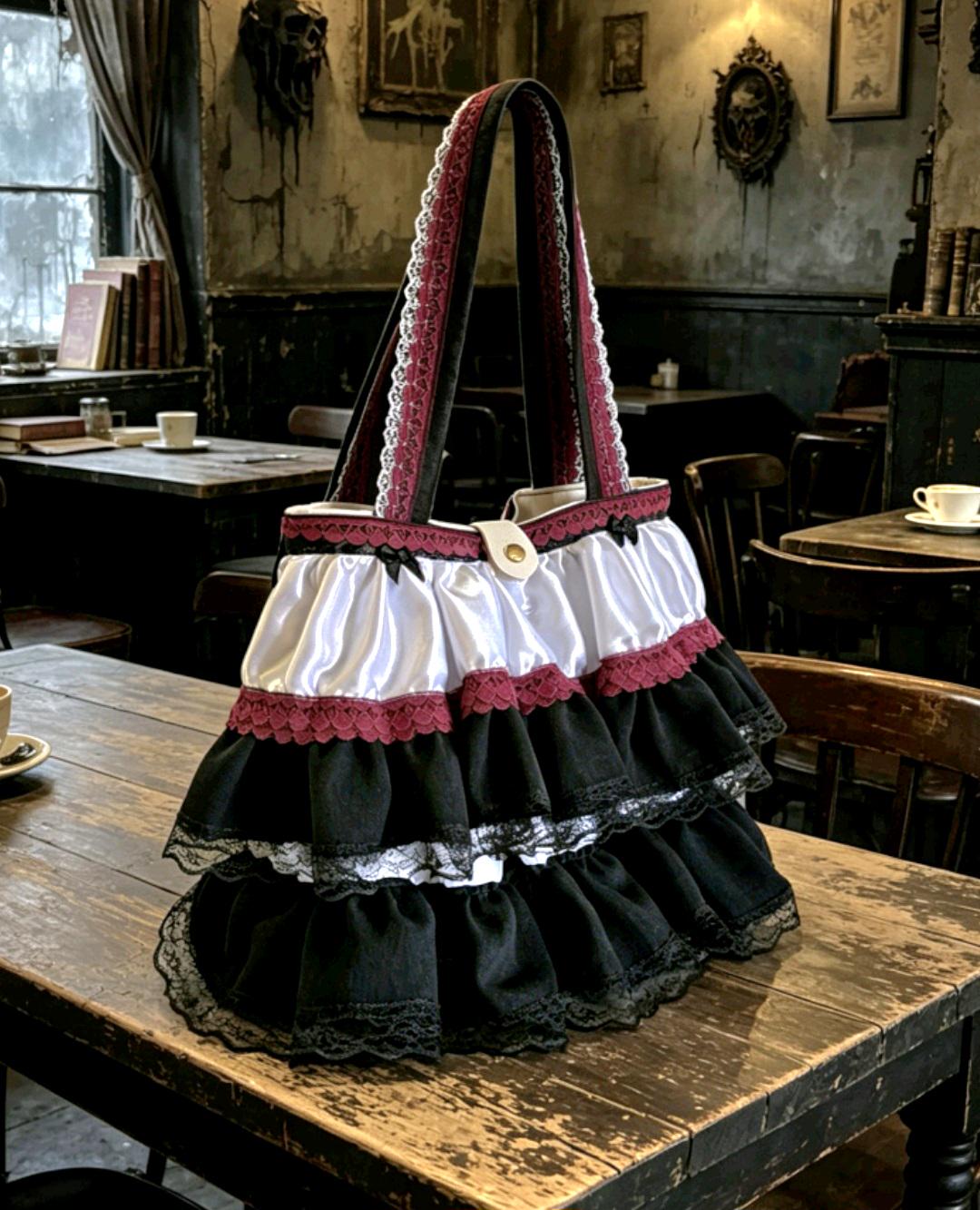 Gothic Lolita Kawaii Hand Bag Pink White Flowers Bows Black White Burgundy Satin Lace Cosplay Tea Party - Oh My Gothness