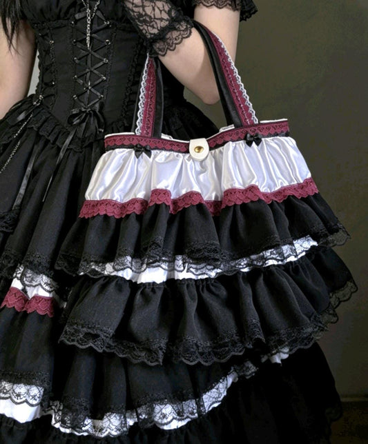 Gothic Lolita Kawaii Hand Bag Pink White Flowers Bows Black White Burgundy Satin Lace Cosplay Tea Party - Oh My Gothness