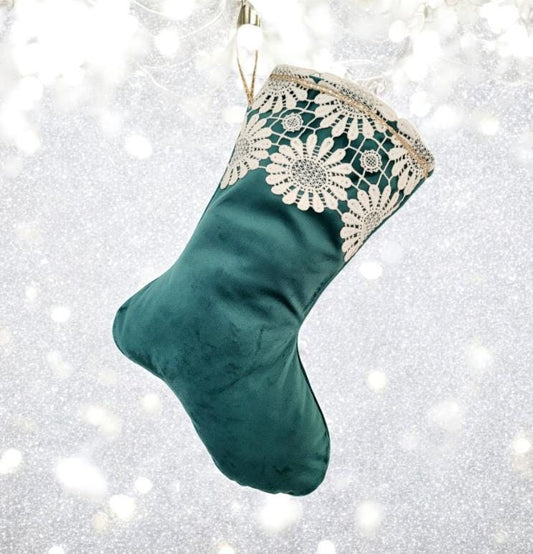 Green Velvet Christmas Stocking with Cream Lace - Oh My Gothness