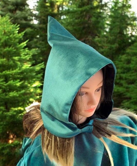 Green Velvet Hood Black Satin Lining Goth Larp ReEnactment Bonnet Whimsical Wizard Winter HT61 - Oh My Gothness
