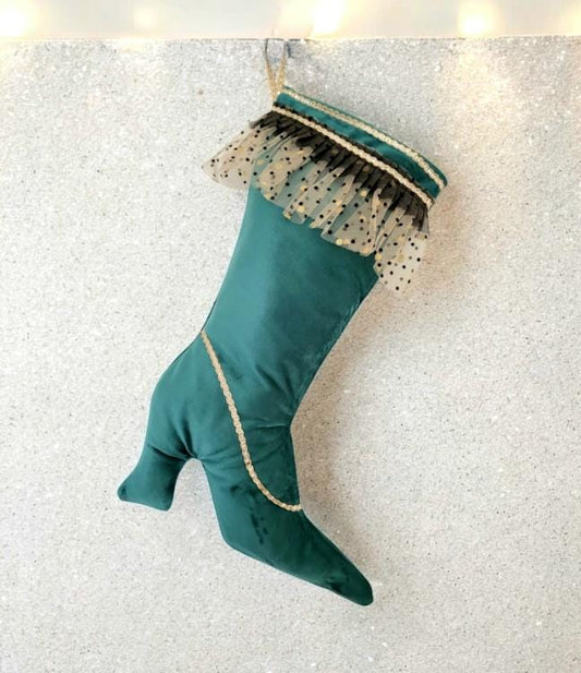 Green Velvet Stiletto Christmas Stocking, Holiday Decor (14 Inch) - Oh My Gothness