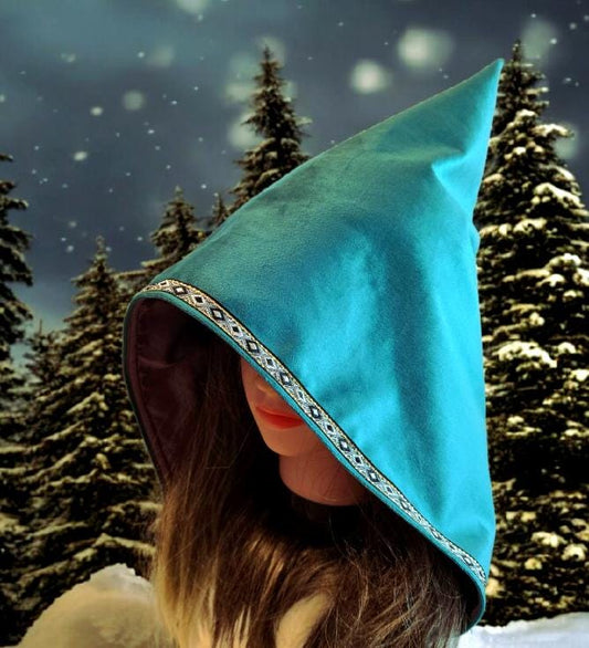 Green Velvet Woodland Pixie Hat Bonnet Hood Lined Whimsical Fairy Adult Winter Christmas HT51 - Oh My Gothness