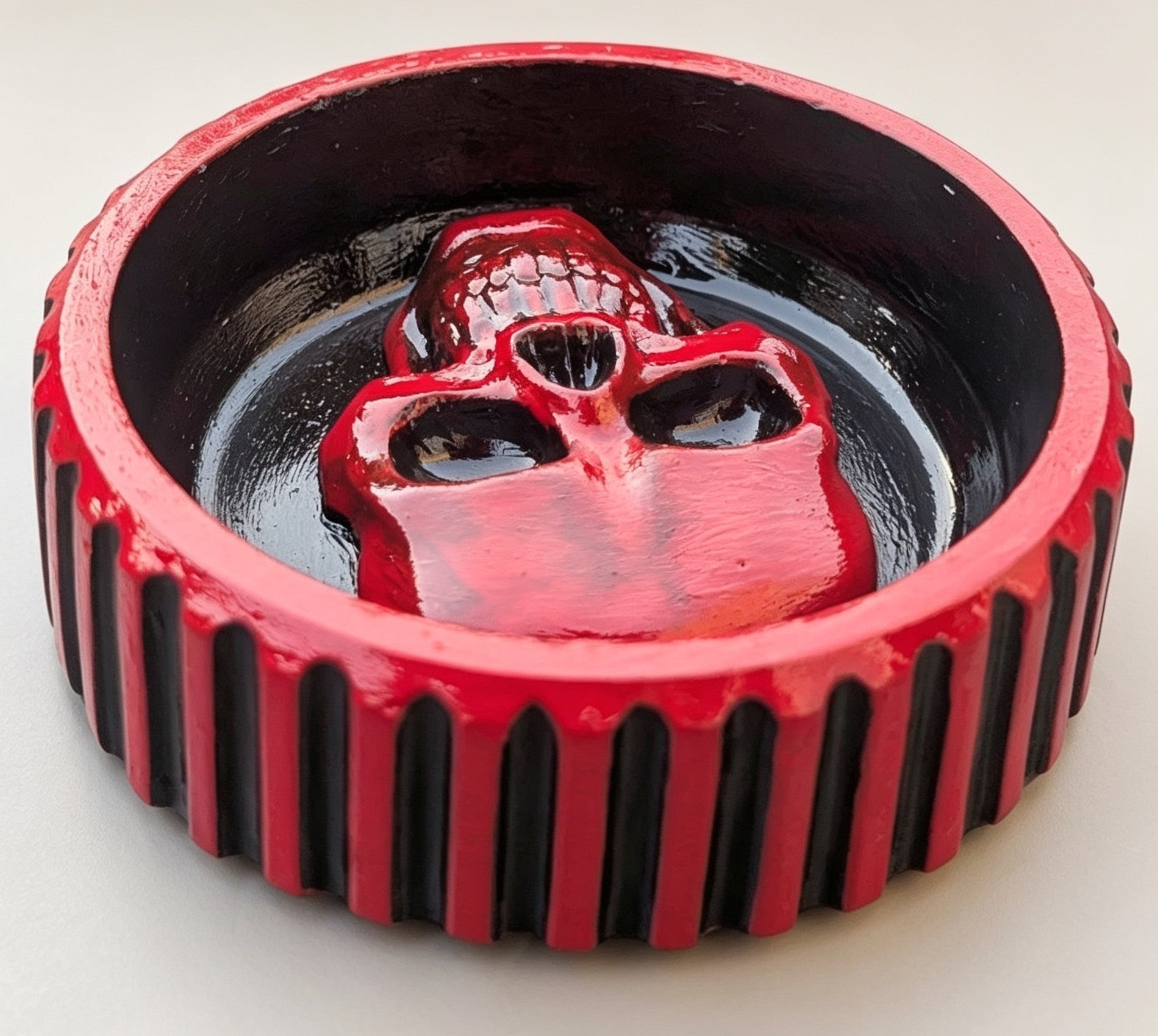 Hand cast and Painted Black and Red Chunky Skull Round Jewellery Trinket Dish - Oh My Gothness